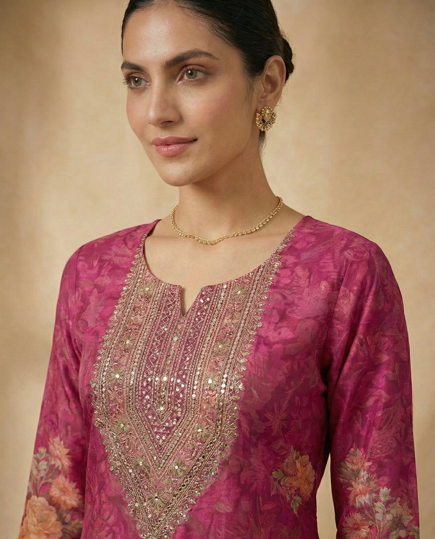 The Royal Magenta: Premium Chinon Floral Suit Set with Handwork