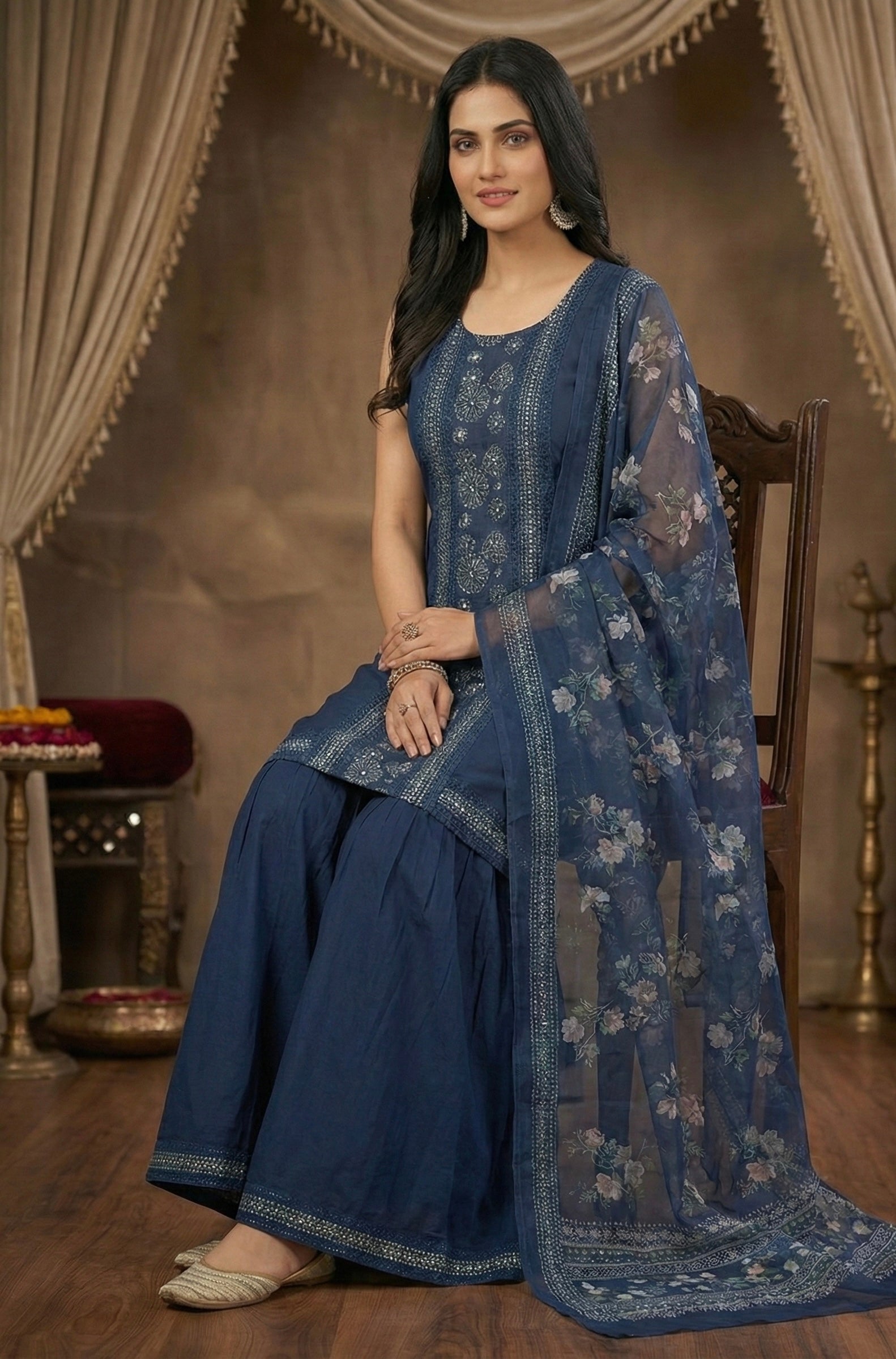 The Midnight Sapphire: Navy Blue Roman Silk Sharara Set with Floral Organza Dupatta