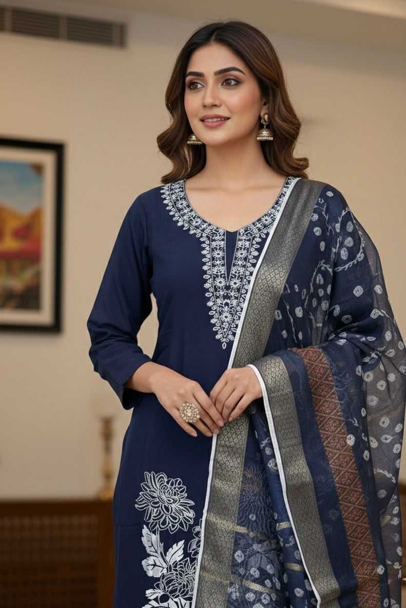 Black American Silk Embroidered Suit with Organza Dupatta & Tassel Detailing