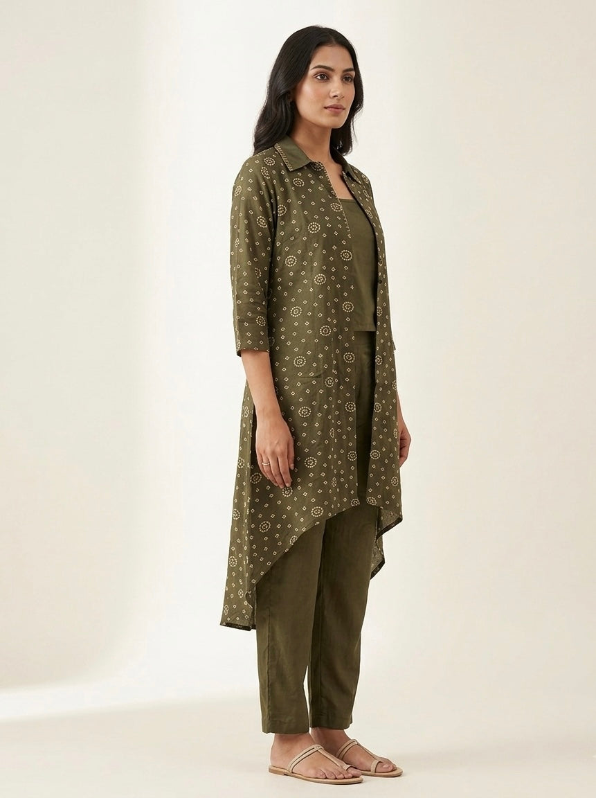 Printed Chino 3-Piece Set with Handwork Collar – Spaghetti Top, Pants & Shrug