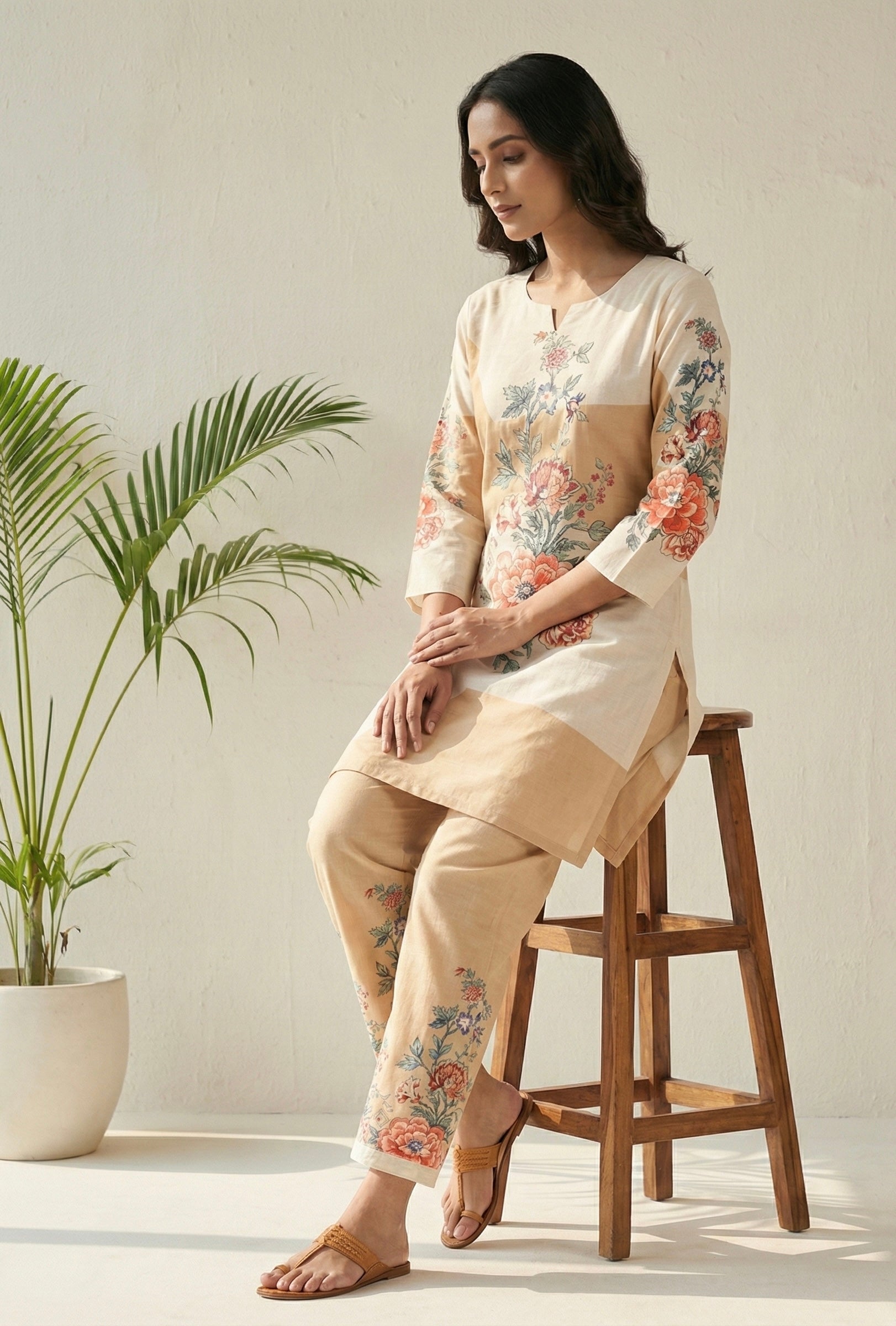 Beige & Ivory Floral Printed Cotton Coord Set