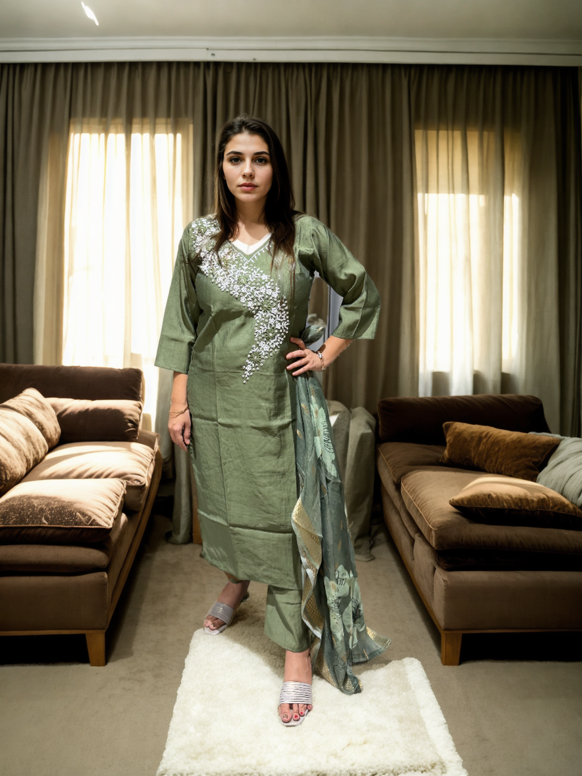 MeeraSetu Roman Elegance – Rose Pink Handwork Kurti Set with Chanderi Dupatta