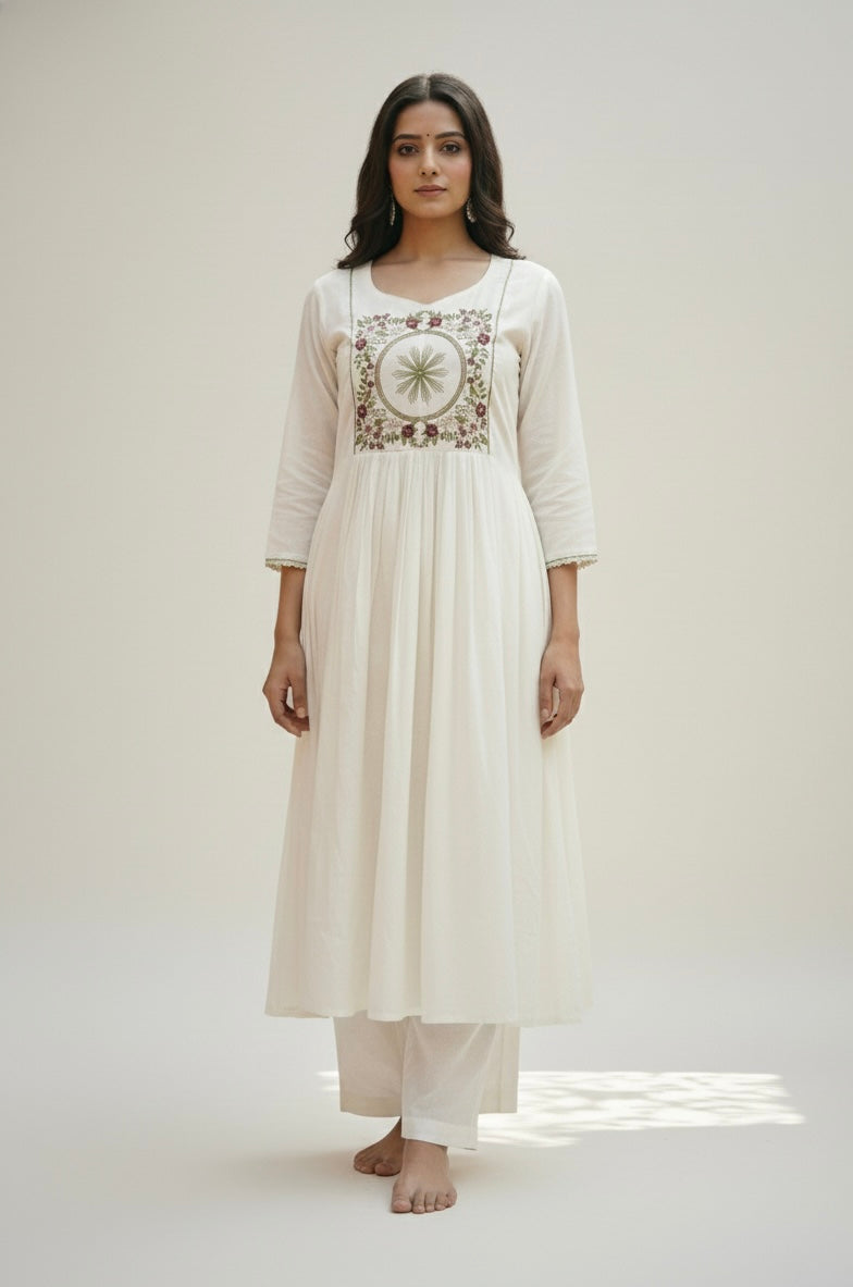 The Ethereal Ivory Mul Chanderi Embroidered Ghera Set