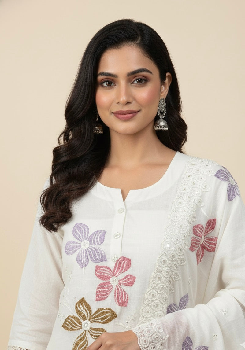 Ivory Mul Chanderi Suit Set with Hand-Embroidered Floral Dupatta 🌸