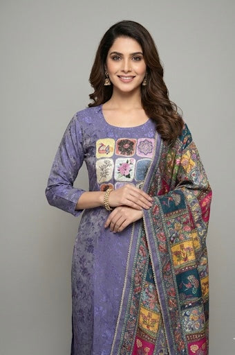 Signature Collection โ Violet Jacquard Kurti Set with Digital Embroidery & Silk Dupatta