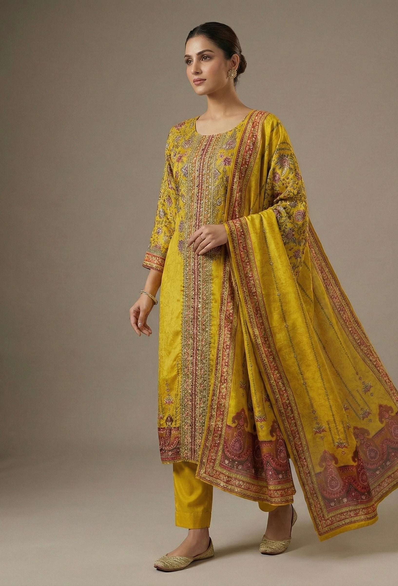 The Golden Radiance: Premium Chinon Silk Handcrafted Set