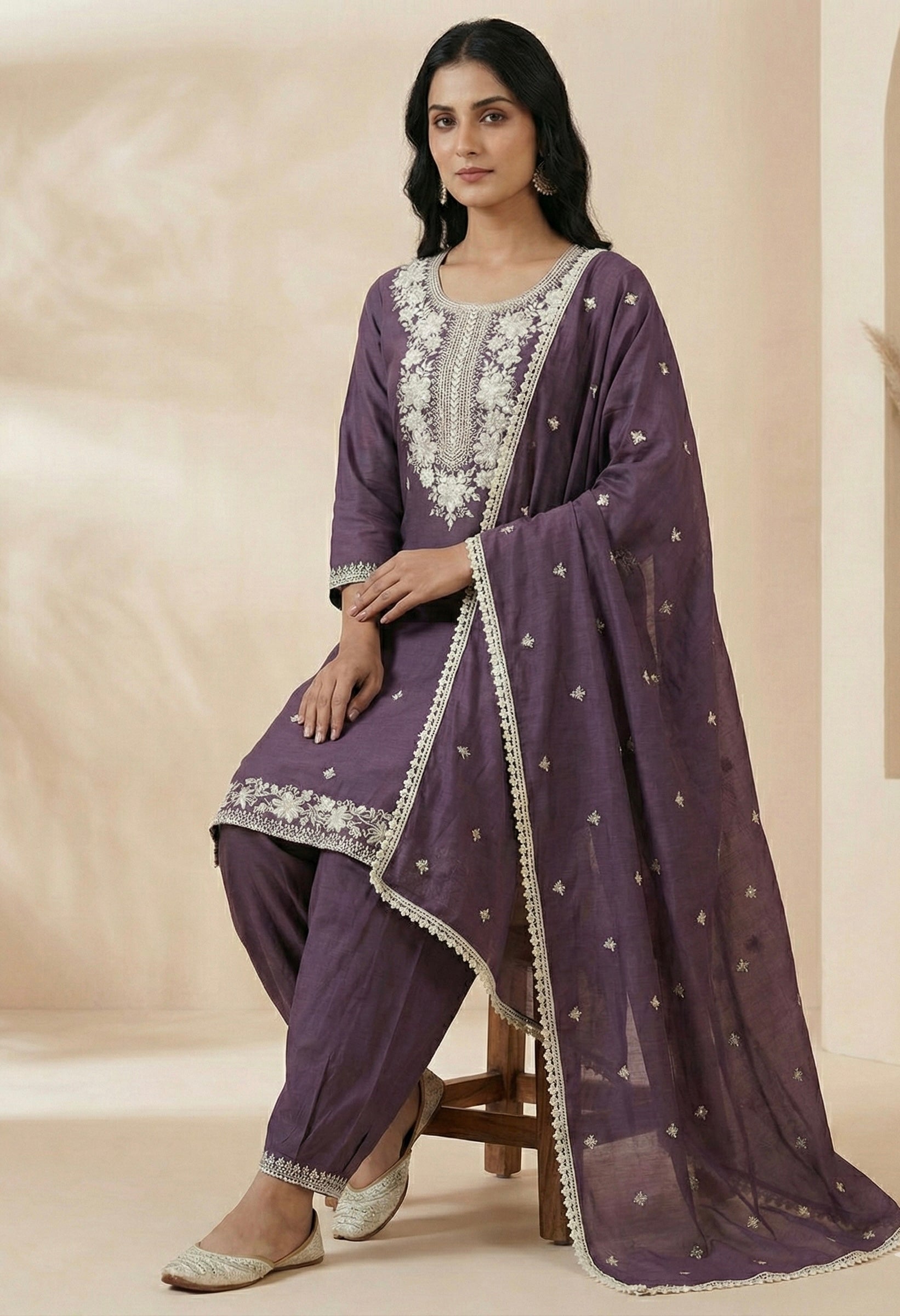Patiala Suit Set with Hand-Embroidered Detailing & American Crepe Inner