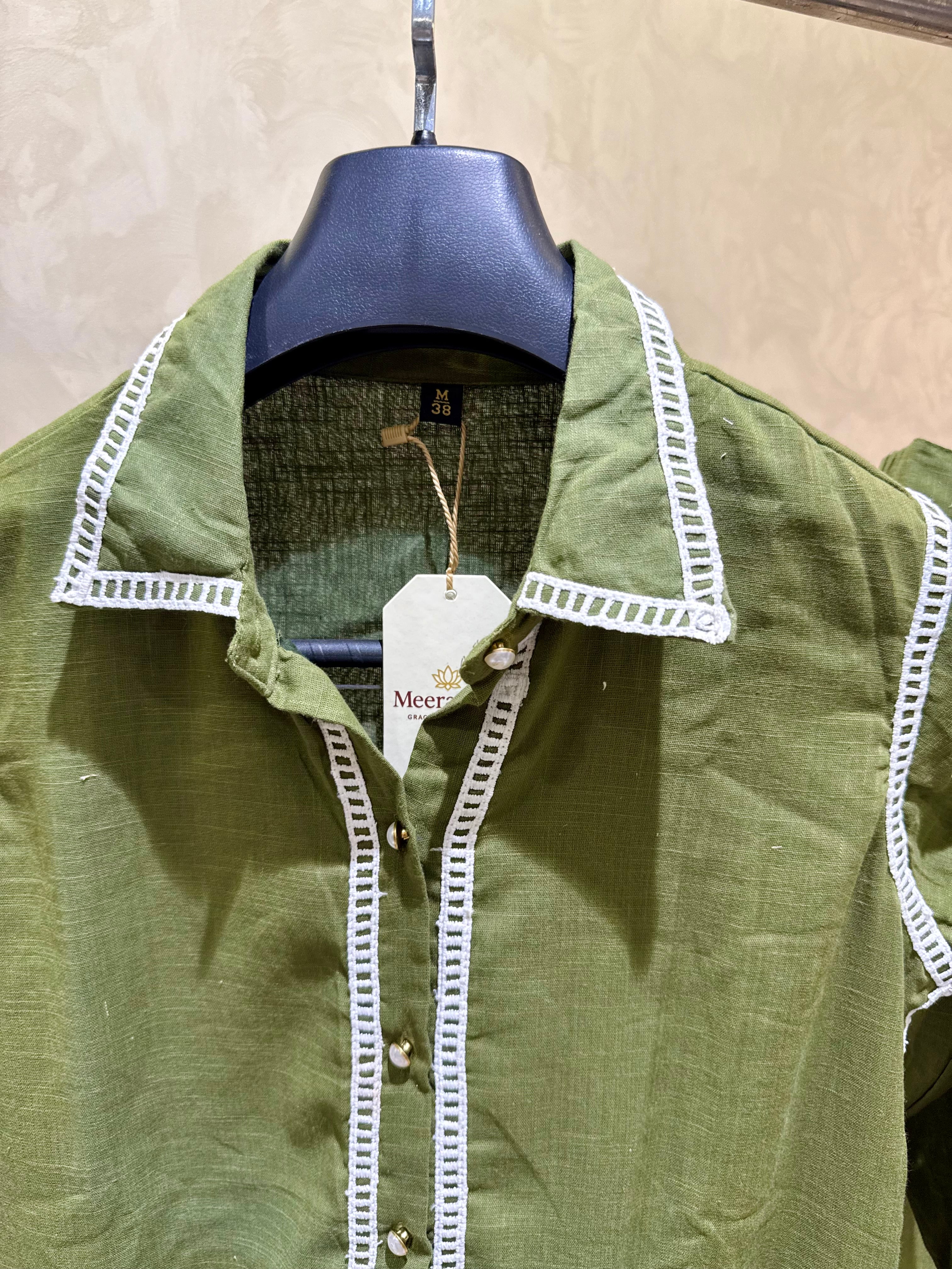 The Olive Aura: Handcrafted Khadi Cotton Co-ord Set with Lace Detailing