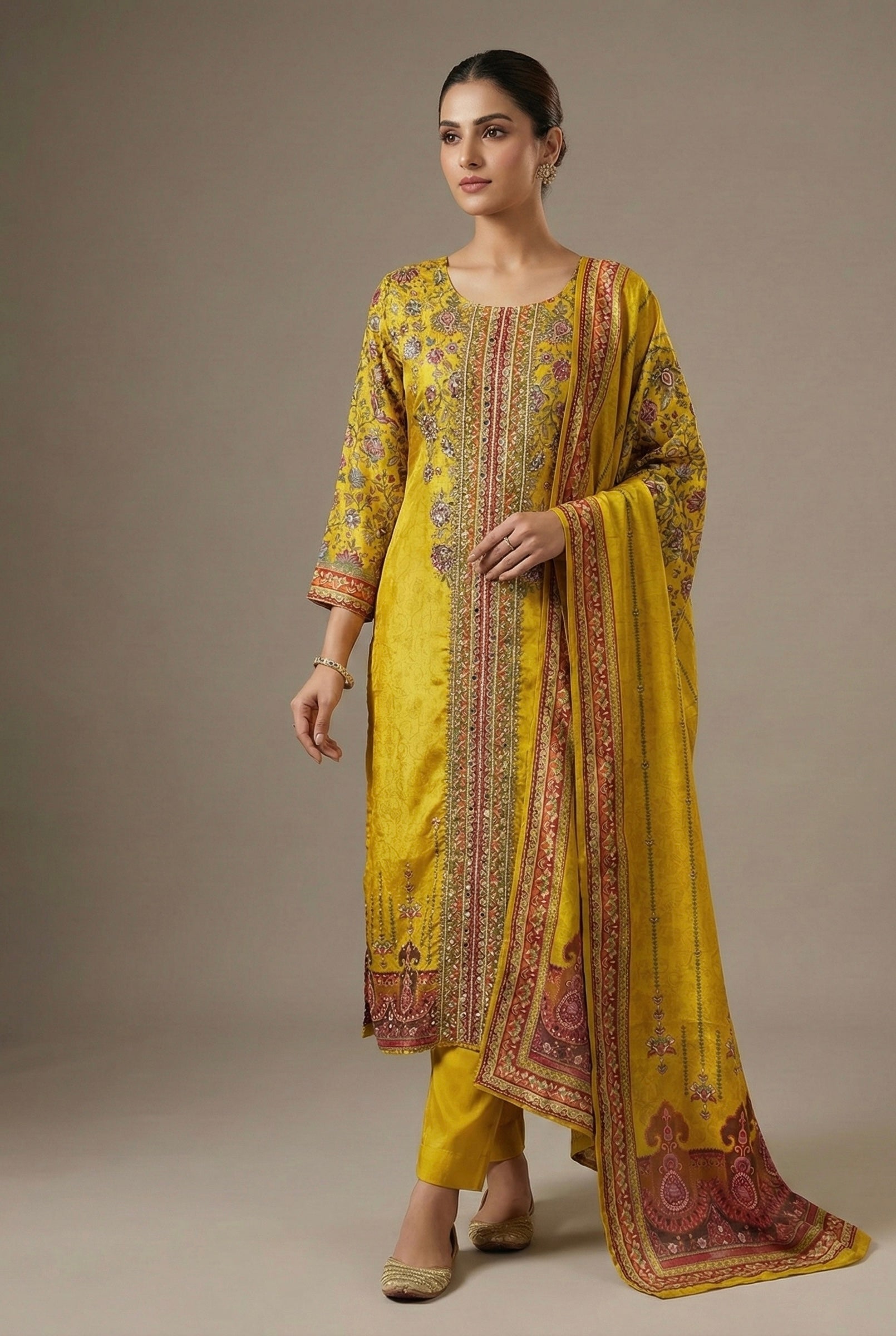 The Golden Radiance: Premium Chinon Silk Handcrafted Set