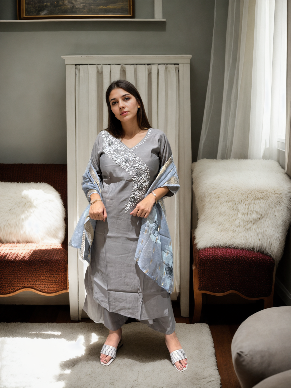 MeeraSetu Roman Elegance – Rose Pink Handwork Kurti Set with Chanderi Dupatta