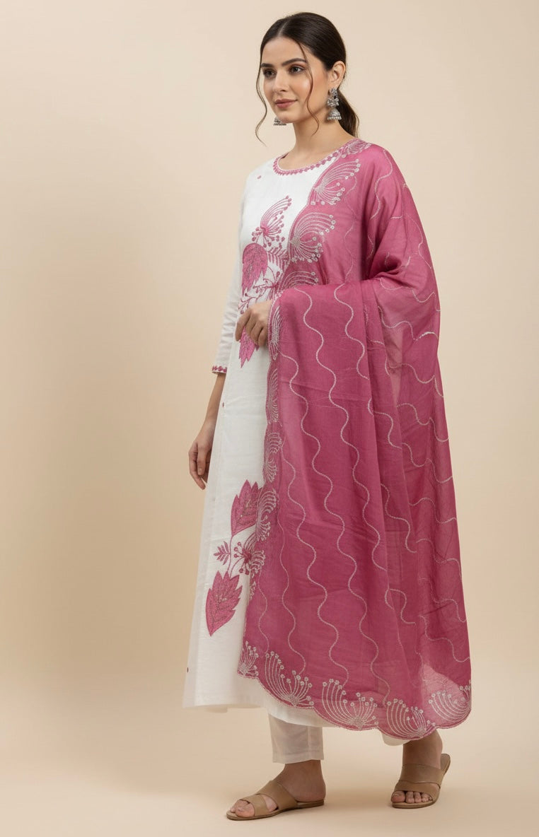Ivory Floral Printed Roman Silk Kurta Set with Rose Pink Dupatta