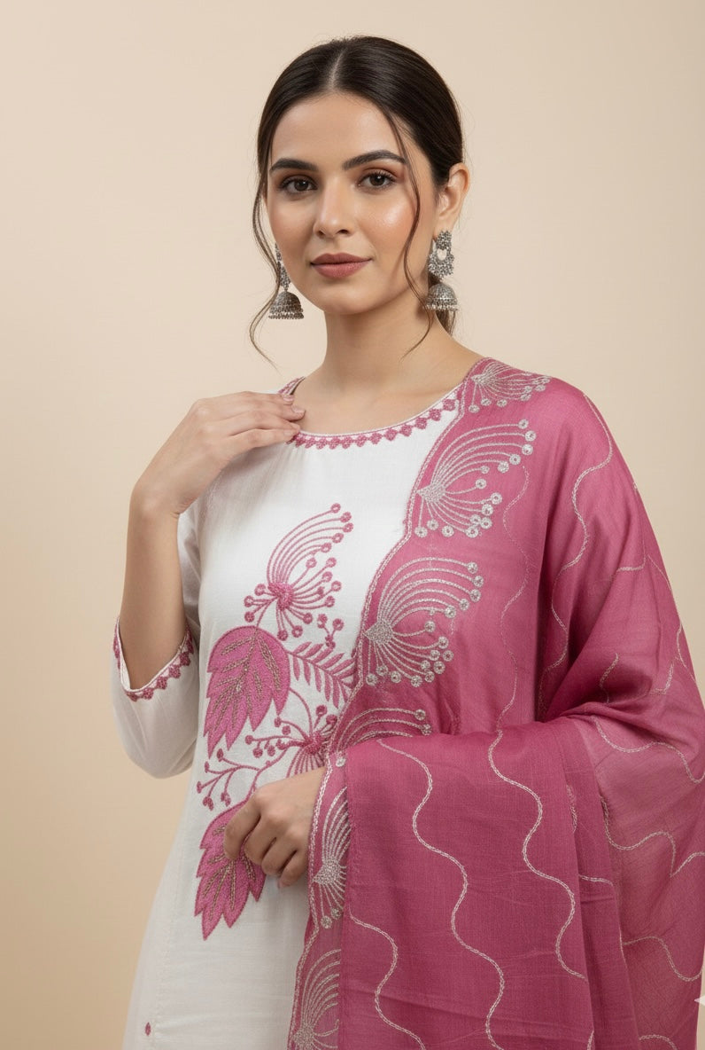 Ivory Floral Printed Roman Silk Kurta Set with Rose Pink Dupatta