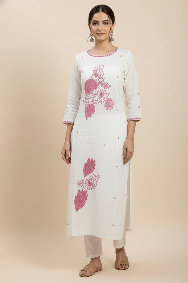 Ivory Floral Printed Roman Silk Kurta Set with Rose Pink Dupatta