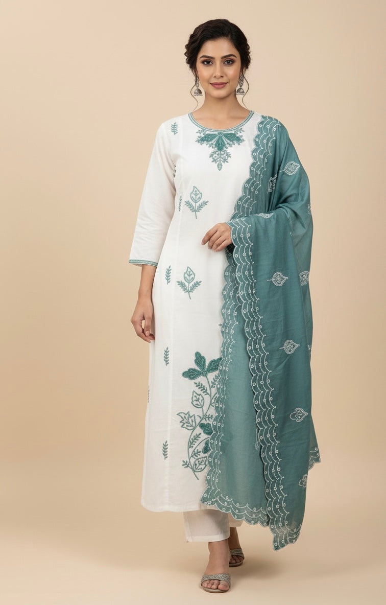 Ivory Embroidered Roman Silk Kurta Set with Teal Green Dupatta