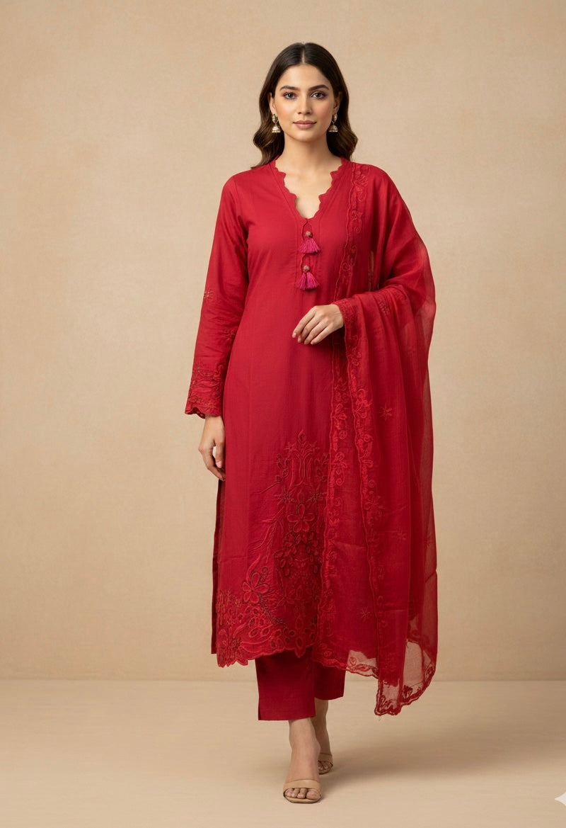 Silk Suit Set with Embroidered Organza Dupatta – Available in Red & Wine