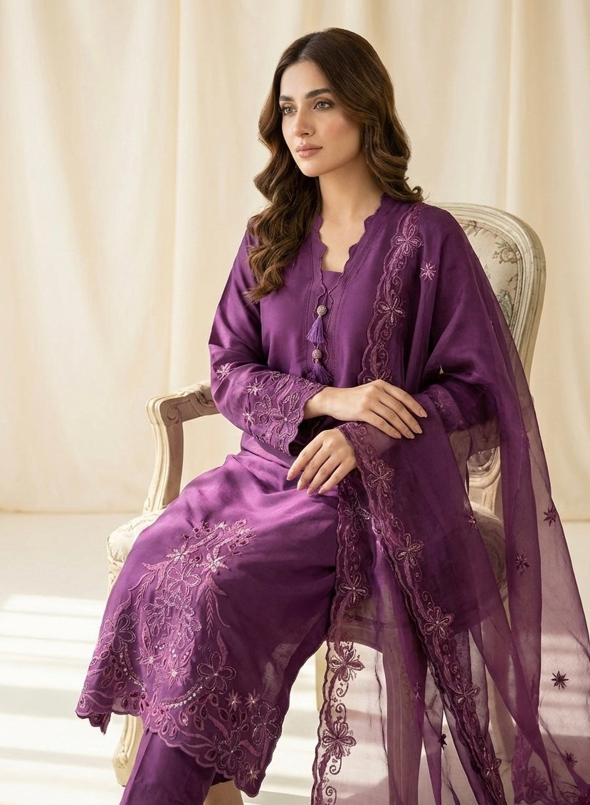 Silk Suit Set with Embroidered Organza Dupatta – Available in Red & Wine