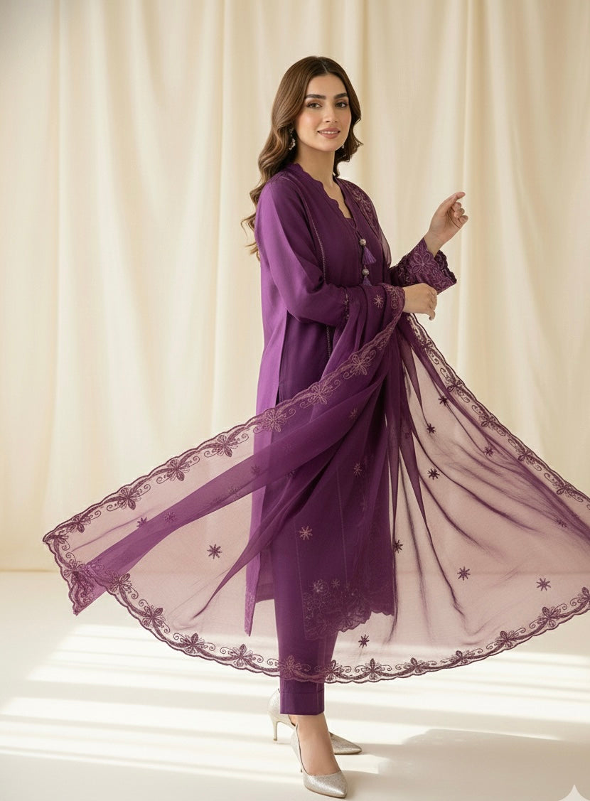Silk Suit Set with Embroidered Organza Dupatta – Available in Red & Wine