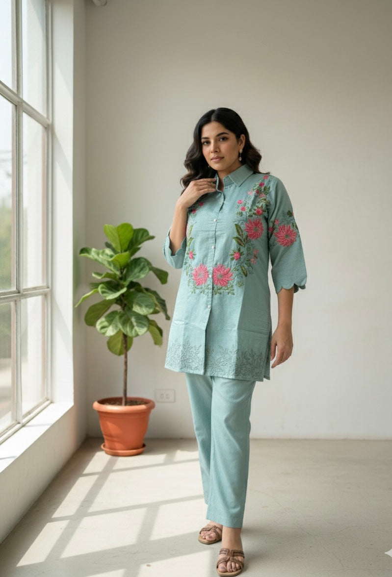 Floral Grace Embroidered Coord Set in Vatican Silk (With Inner)