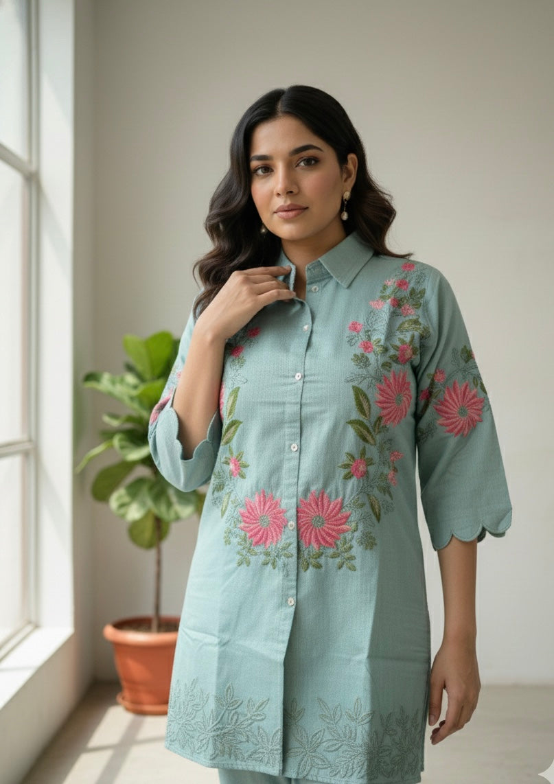 Floral Grace Embroidered Coord Set in Vatican Silk (With Inner)