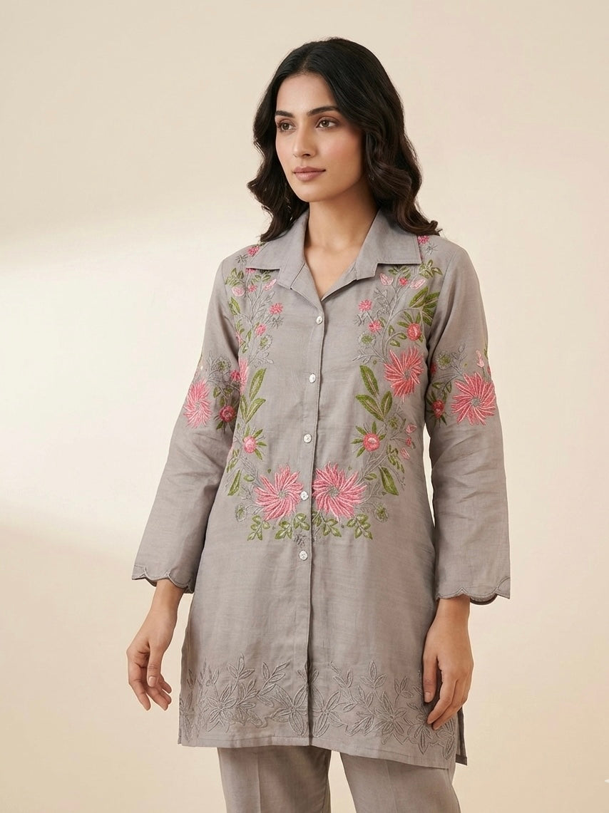 Floral Grace Embroidered Coord Set in Vatican Silk (With Inner)