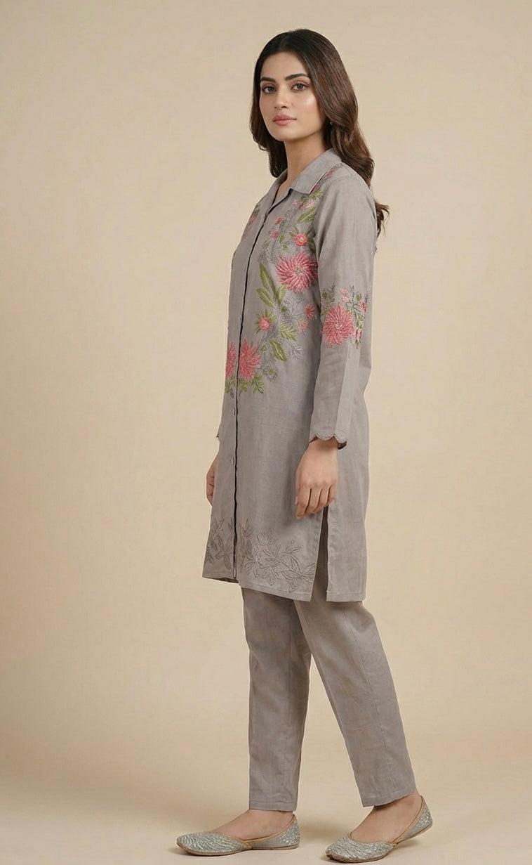 Floral Grace Embroidered Coord Set in Vatican Silk (With Inner)