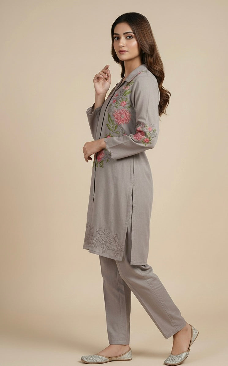 Floral Grace Embroidered Coord Set in Vatican Silk (With Inner)