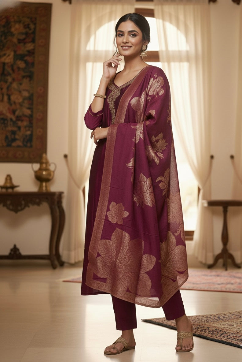 Rangila Silk Suit Set with Handwork & Muslin Dupatta (Latkan Detail) – M to XXL