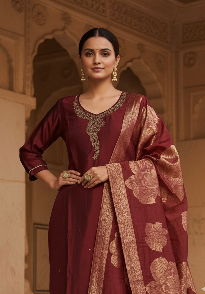 Rangila Silk Suit Set with Handwork & Muslin Dupatta (Latkan Detail) – M to XXL