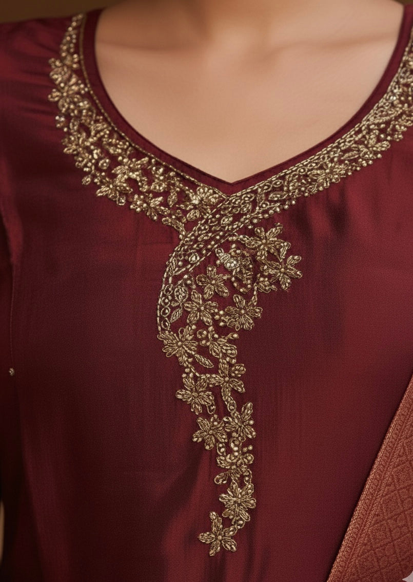 Rangila Silk Suit Set with Handwork & Muslin Dupatta (Latkan Detail) – M to XXL