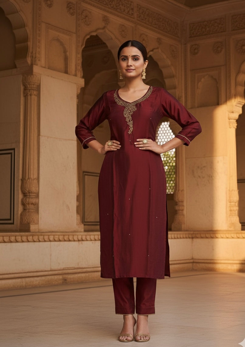 Rangila Silk Suit Set with Handwork & Muslin Dupatta (Latkan Detail) – M to XXL