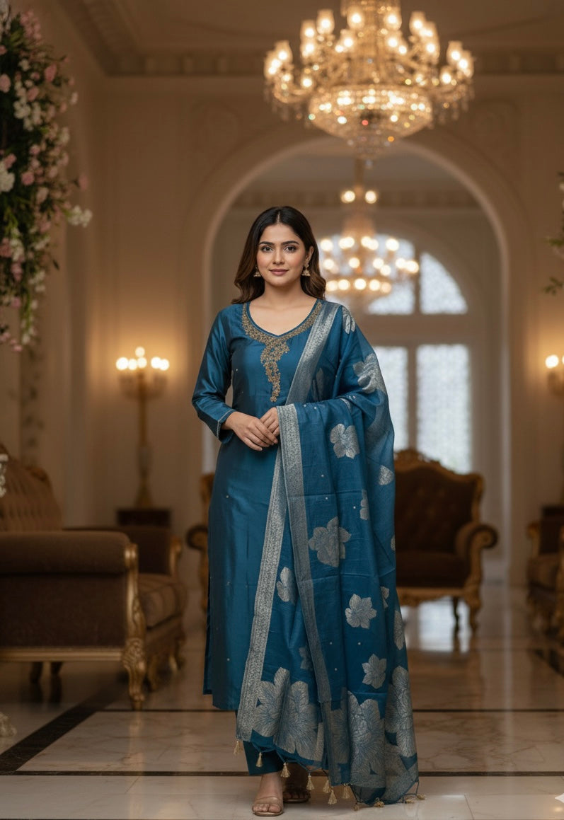 Rangila Silk Suit Set with Handwork & Muslin Dupatta (Latkan Detail) – M to XXL