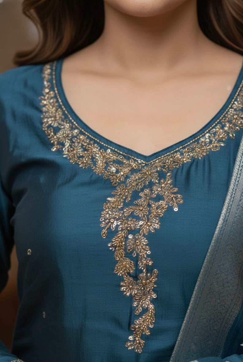 Rangila Silk Suit Set with Handwork & Muslin Dupatta (Latkan Detail) – M to XXL