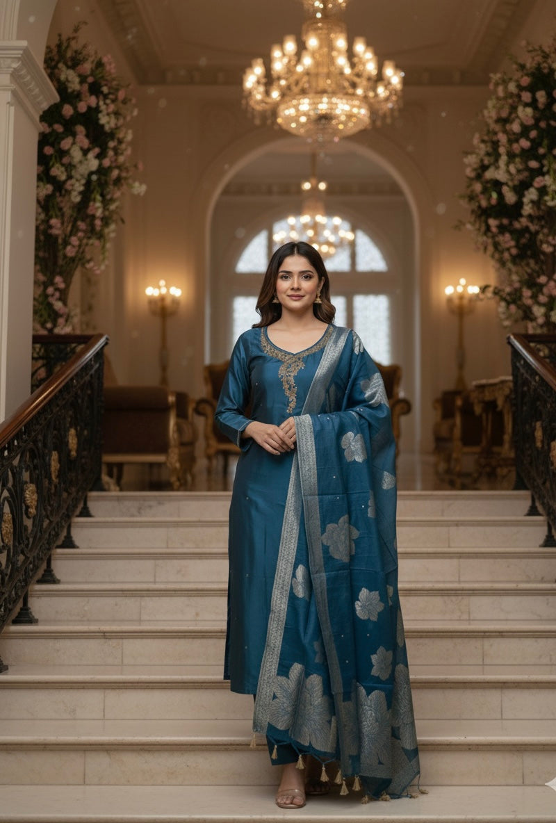 Rangila Silk Suit Set with Handwork & Muslin Dupatta (Latkan Detail) – M to XXL