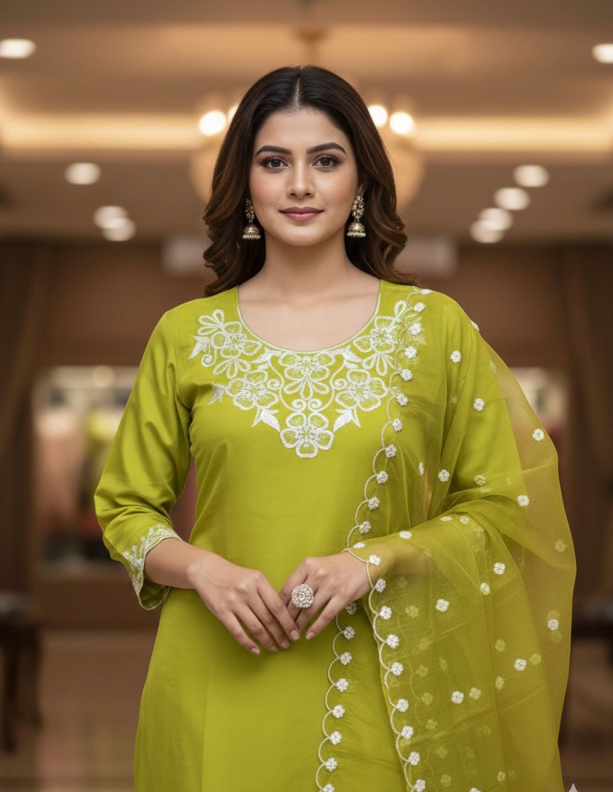 Elegant Roman Silk Embroidered Kurta Set with Organza Work Dupatta – Limited Edition