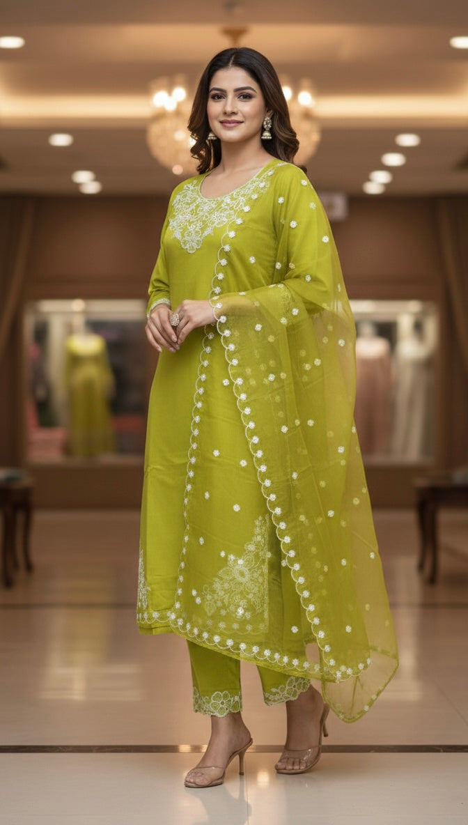 Elegant Roman Silk Embroidered Kurta Set with Organza Work Dupatta – Limited Edition