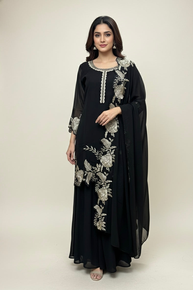 Black Georgette Embroidered Kurta Palazzo Set with Cutwork Dupatta
