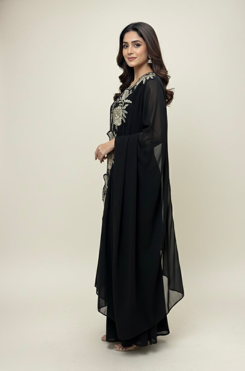 Black Georgette Embroidered Kurta Palazzo Set with Cutwork Dupatta