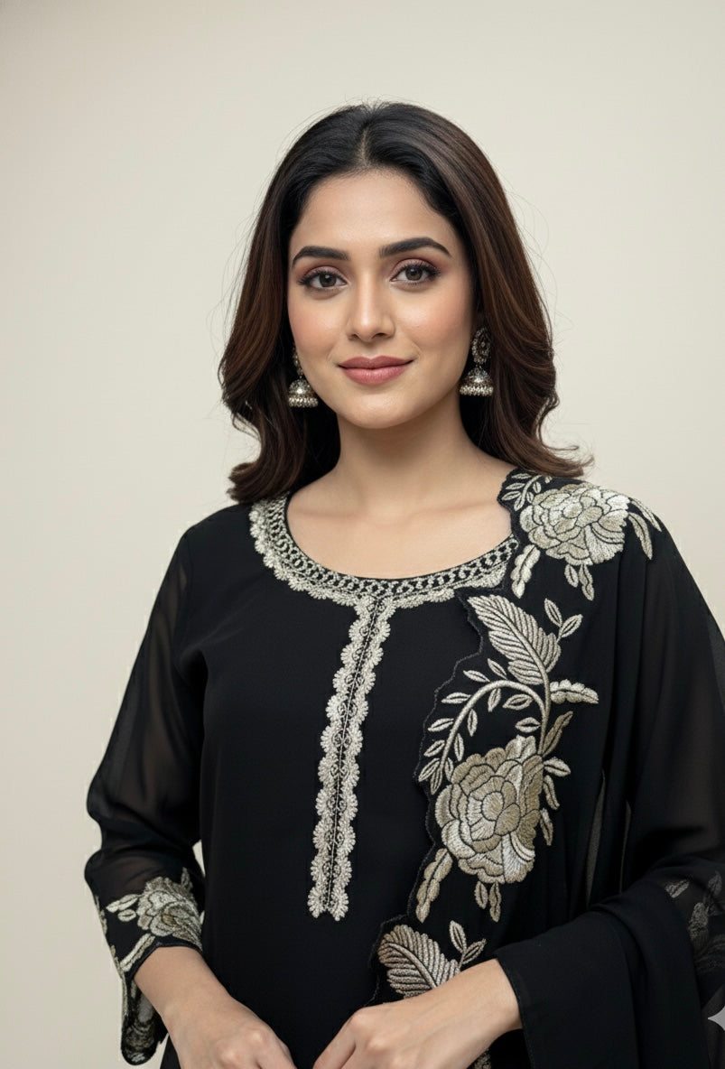 Black Georgette Embroidered Kurta Palazzo Set with Cutwork Dupatta
