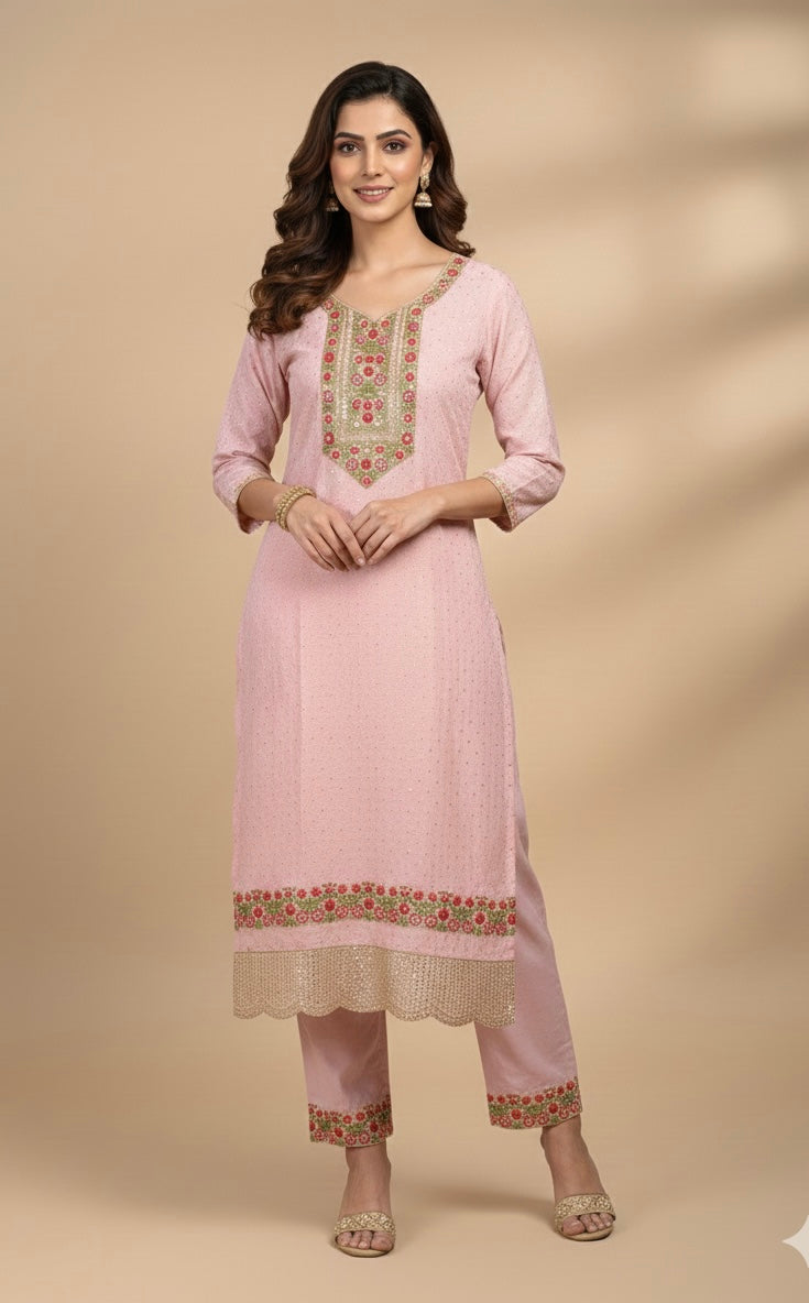 Elegant Roman Silk Suit with Chicken Work & Jacquard Dupatta