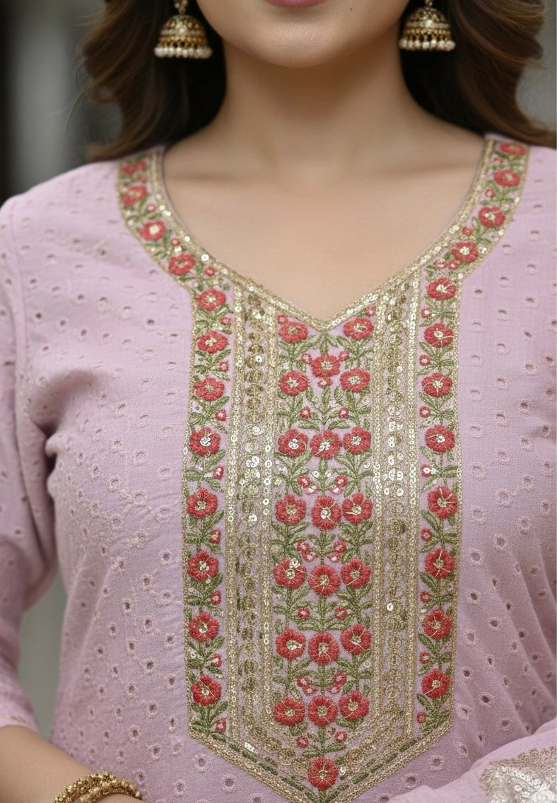 Elegant Roman Silk Suit with Chicken Work & Jacquard Dupatta