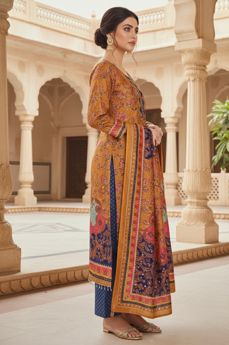 Gadwal Silk Print 3-Piece Suit Set — Saffron Paisley with Mirror Work