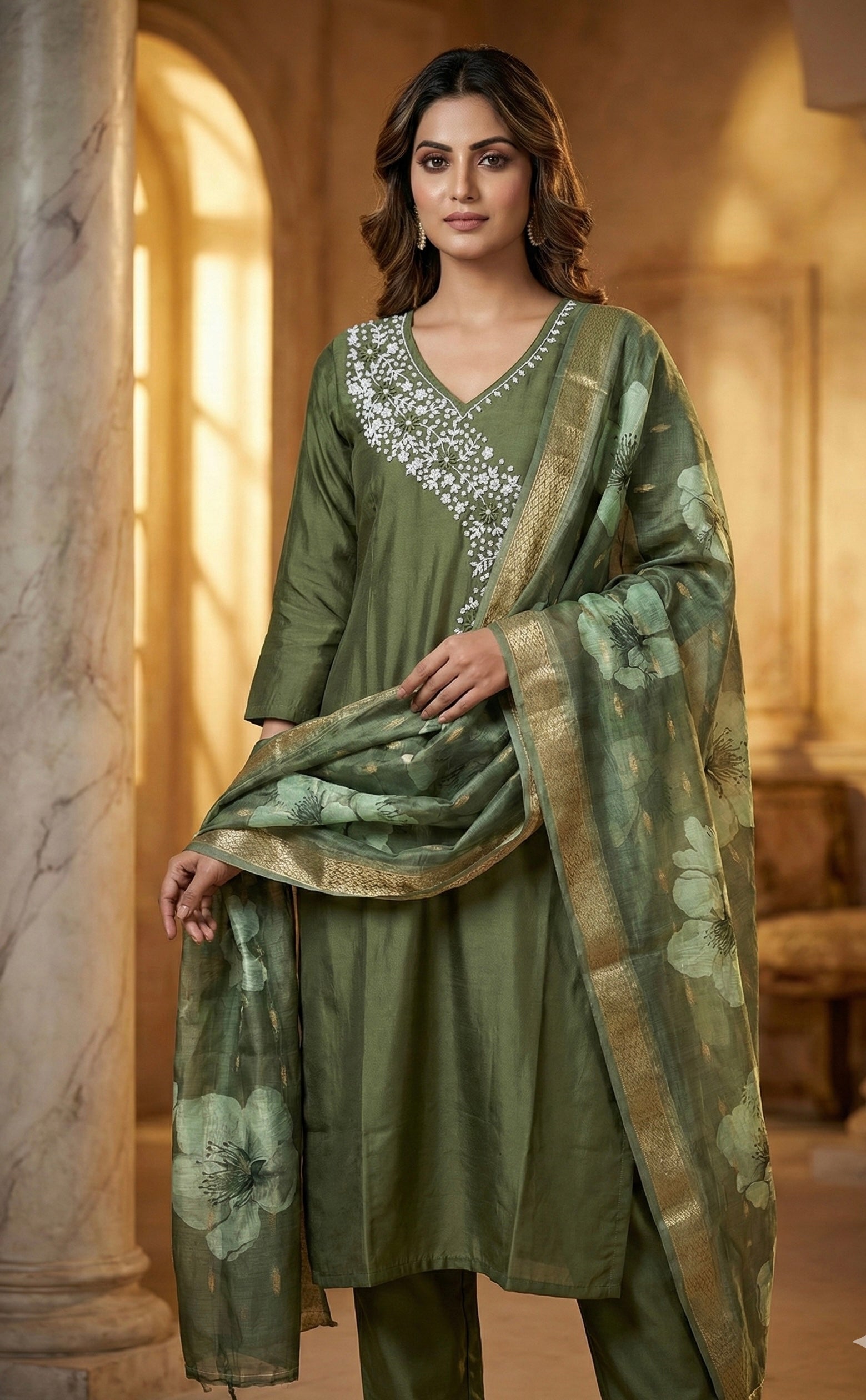 MeeraSetu Roman Elegance – Rose Pink Handwork Kurti Set with Chanderi Dupatta