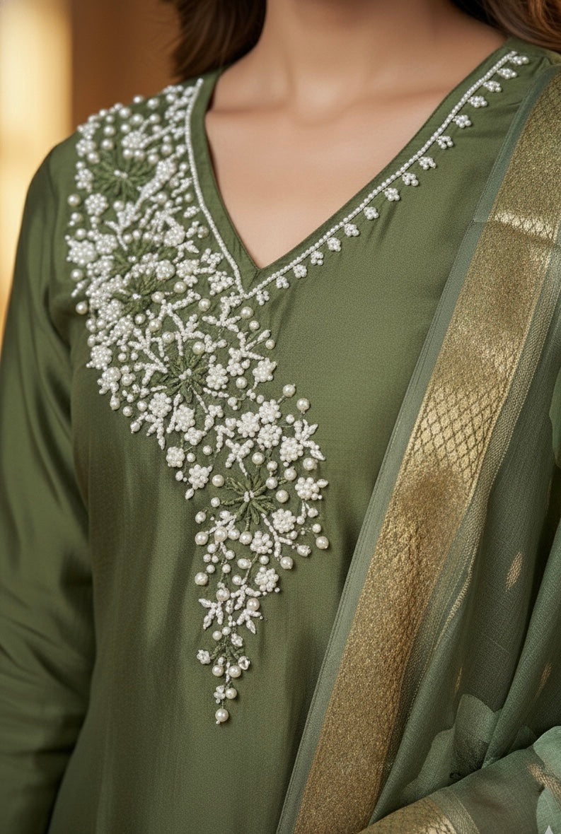 MeeraSetu Roman Elegance – Rose Pink Handwork Kurti Set with Chanderi Dupatta