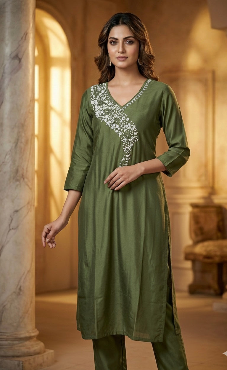 MeeraSetu Roman Elegance – Rose Pink Handwork Kurti Set with Chanderi Dupatta