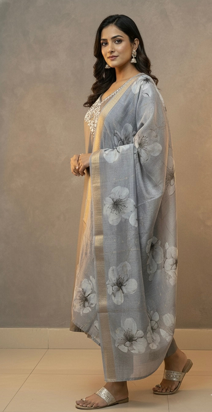 MeeraSetu Roman Elegance – Rose Pink Handwork Kurti Set with Chanderi Dupatta