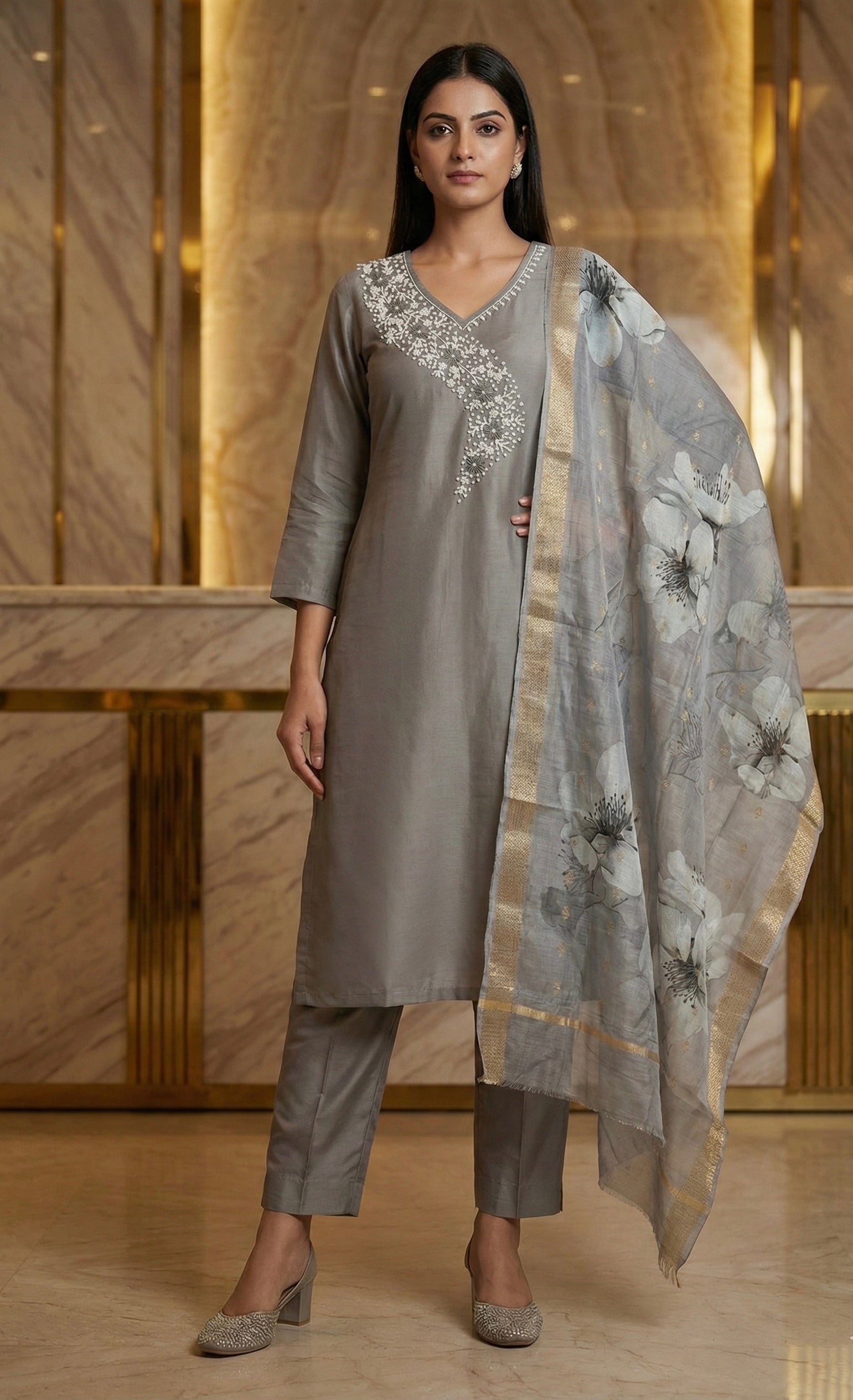 MeeraSetu Roman Elegance – Rose Pink Handwork Kurti Set with Chanderi Dupatta