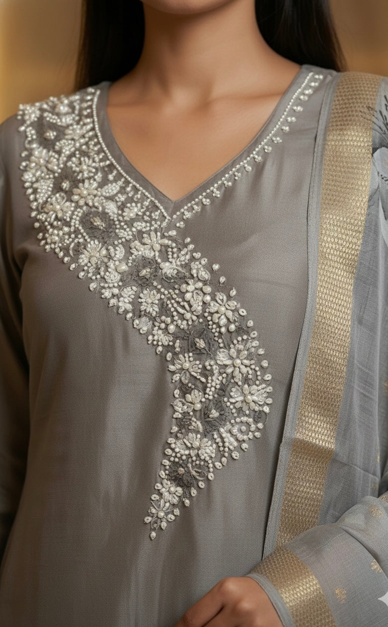 MeeraSetu Roman Elegance – Rose Pink Handwork Kurti Set with Chanderi Dupatta