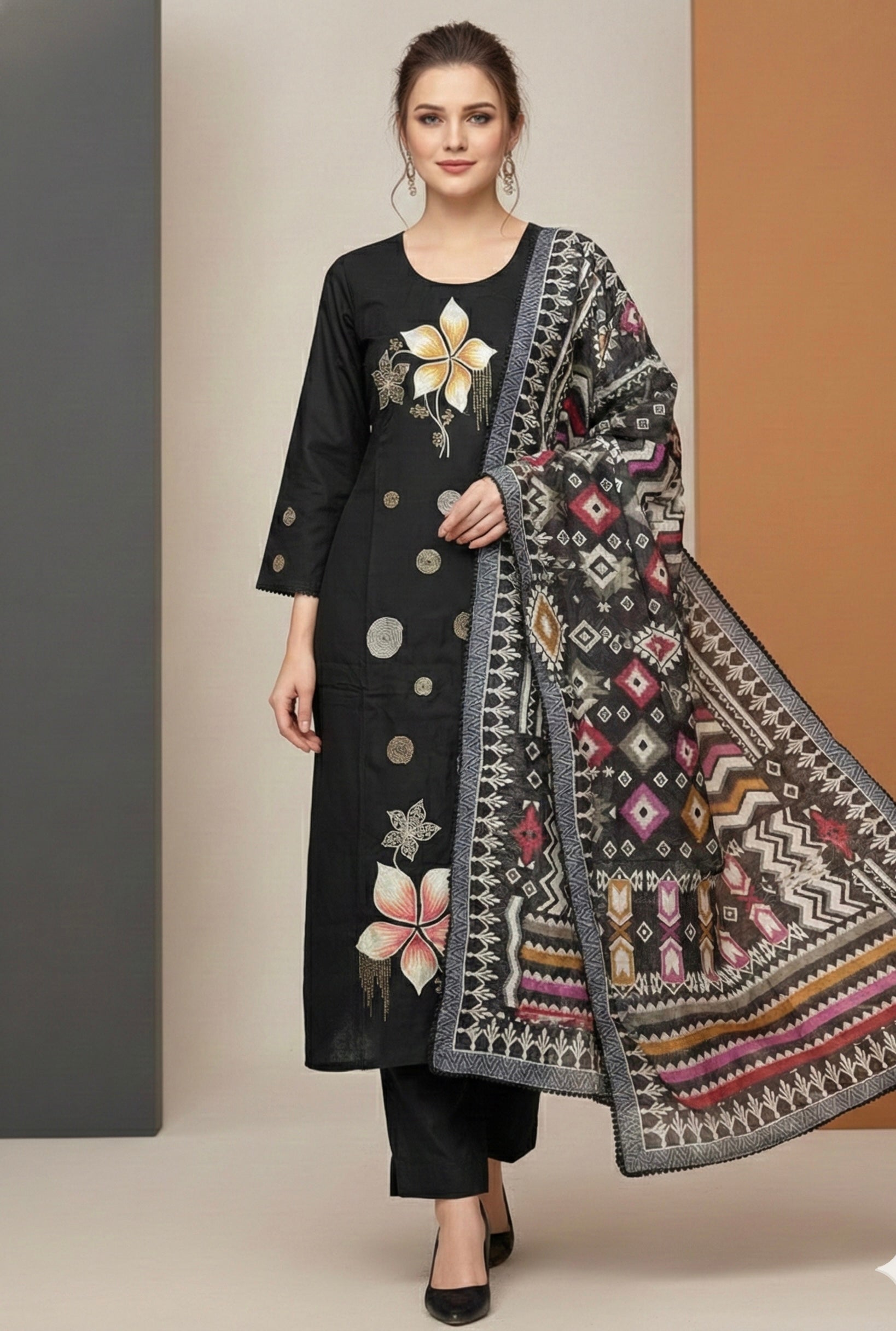 Midnight Bloom Cotton Suit Set with Digital Embroidery | Signature Collection