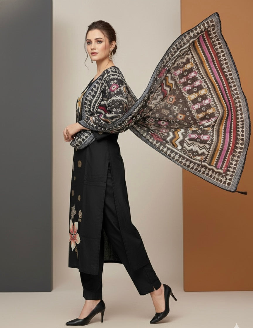 Midnight Bloom Cotton Suit Set with Digital Embroidery | Signature Collection