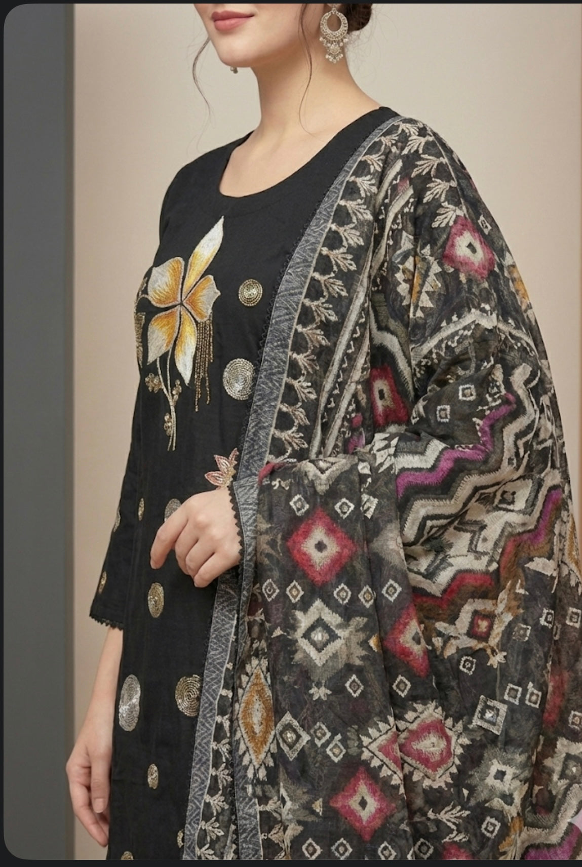 Midnight Bloom Cotton Suit Set with Digital Embroidery | Signature Collection